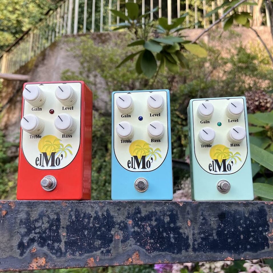 Three RFO Electronics elMo’ overdrive pedals in custom colours